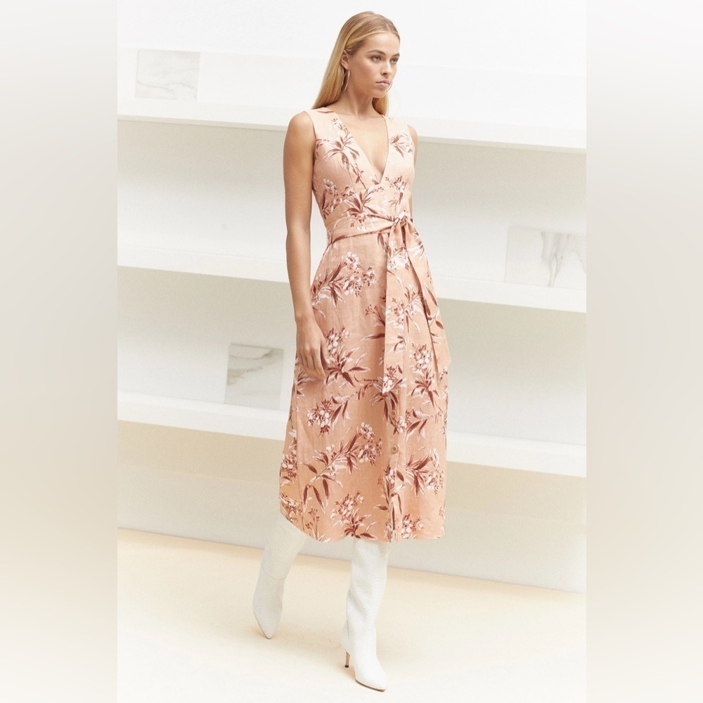 NWT Joie Ethelda Floral Linen Midi Dress Button Front Tie Waist Orange Blush L